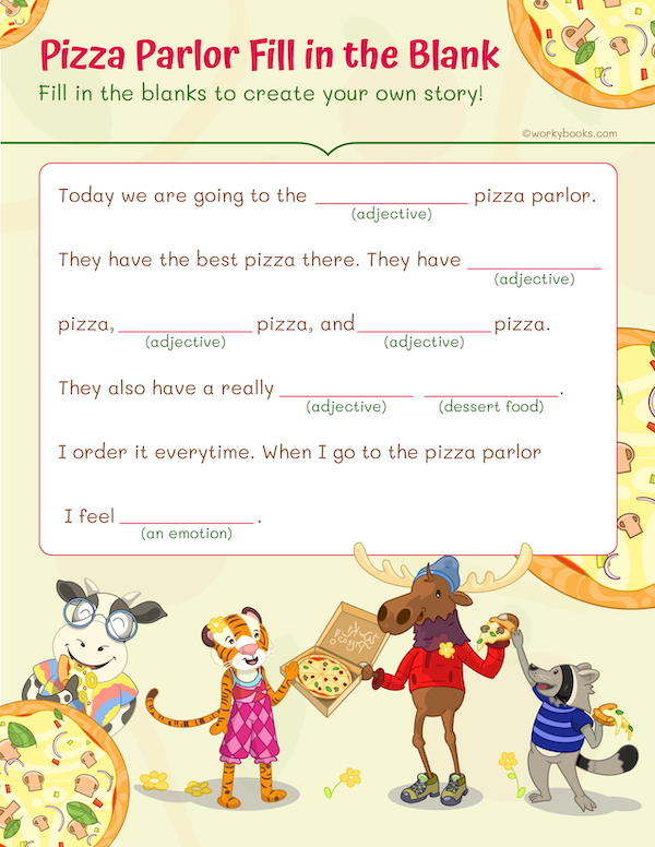 Pizza parlor fill in the blanks Grade 1 worksheet