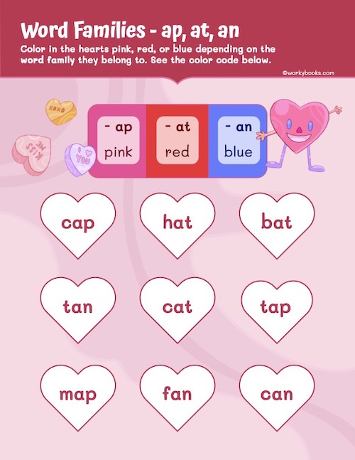 Word Families - ap, at, an is an engaging phonics activity that helps young learners recognize and categorize words with similar ending sounds. This interactive and printable worksheet, that aligns with the Common Core State Standards, Word Families - ap at an presents nine common CVC (consonant-vowel-consonant) words arranged in heart shapes, which students must color according to their word family. The worksheet uses a clear color-coding system with pink for -ap words, red for -at words, and blue for -an words.