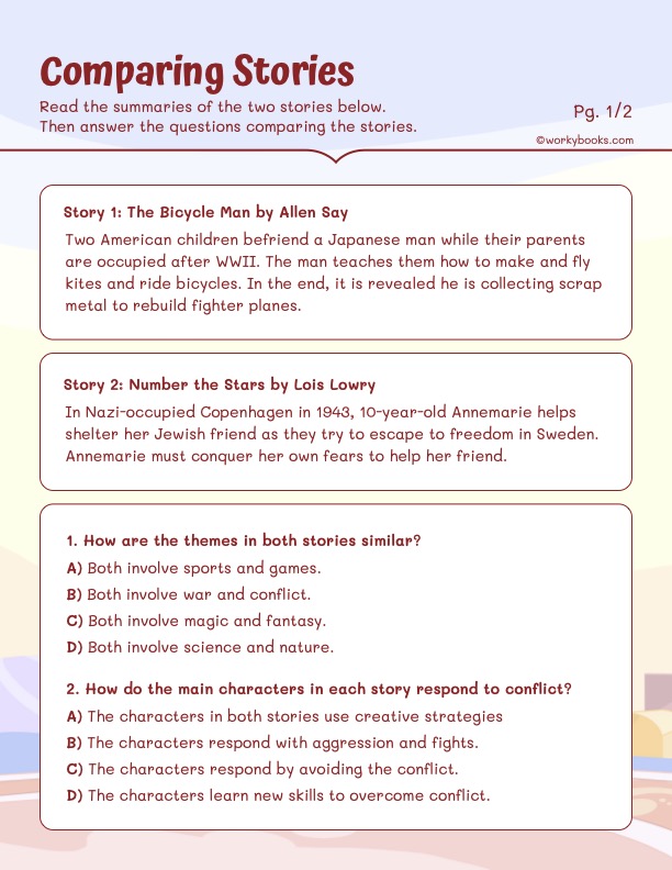 Students will read summaries of two historical fiction stories set during wartime, then compare and contrast the themes, characters, settings, and genres by answering multiple choice questions