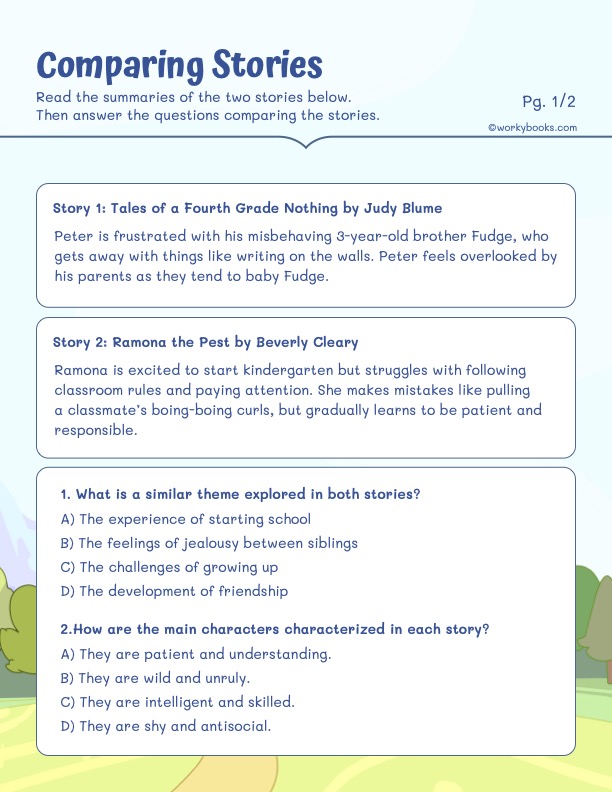 Students will read expanded summaries of two realistic fiction stories about children facing challenges growing up, then compare and contrast the themes, characters, settings, and genres by answering multiple choice questions.