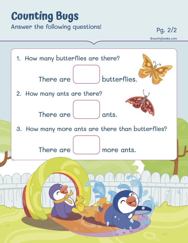 Grade 1 Math worksheets counting bugs