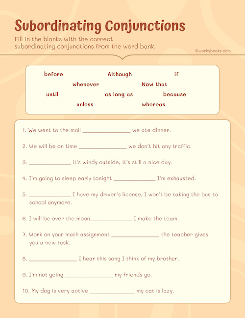 Subordinating Conjunctions grade 5 worksheet