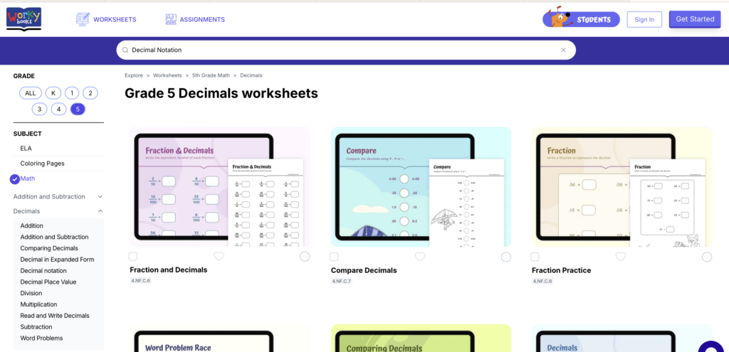 Grade 5 Decimal Worksheets